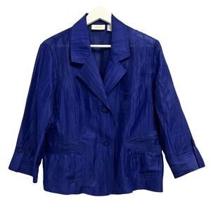 Chico's‎ Blazer Womens 1 (M) Blue Crinkle Textured 2 Button Notch Collar Jacket